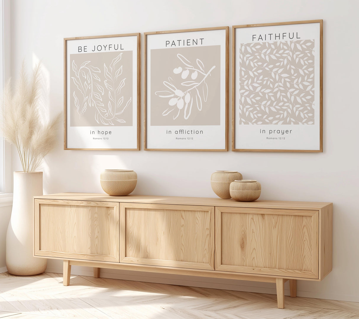 Romans 12:12 – Christian scripture wall art triptych with neutral tones and botanical design encouraging faith and resilience.