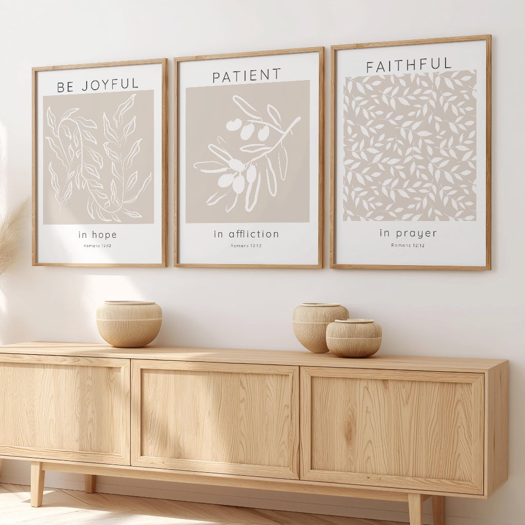 Romans 12:12 – Christian scripture wall art triptych with neutral tones and botanical design encouraging faith and resilience.
