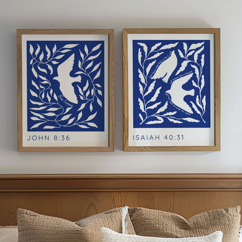 John 8:36 – Freedom in Christ blue bird design.