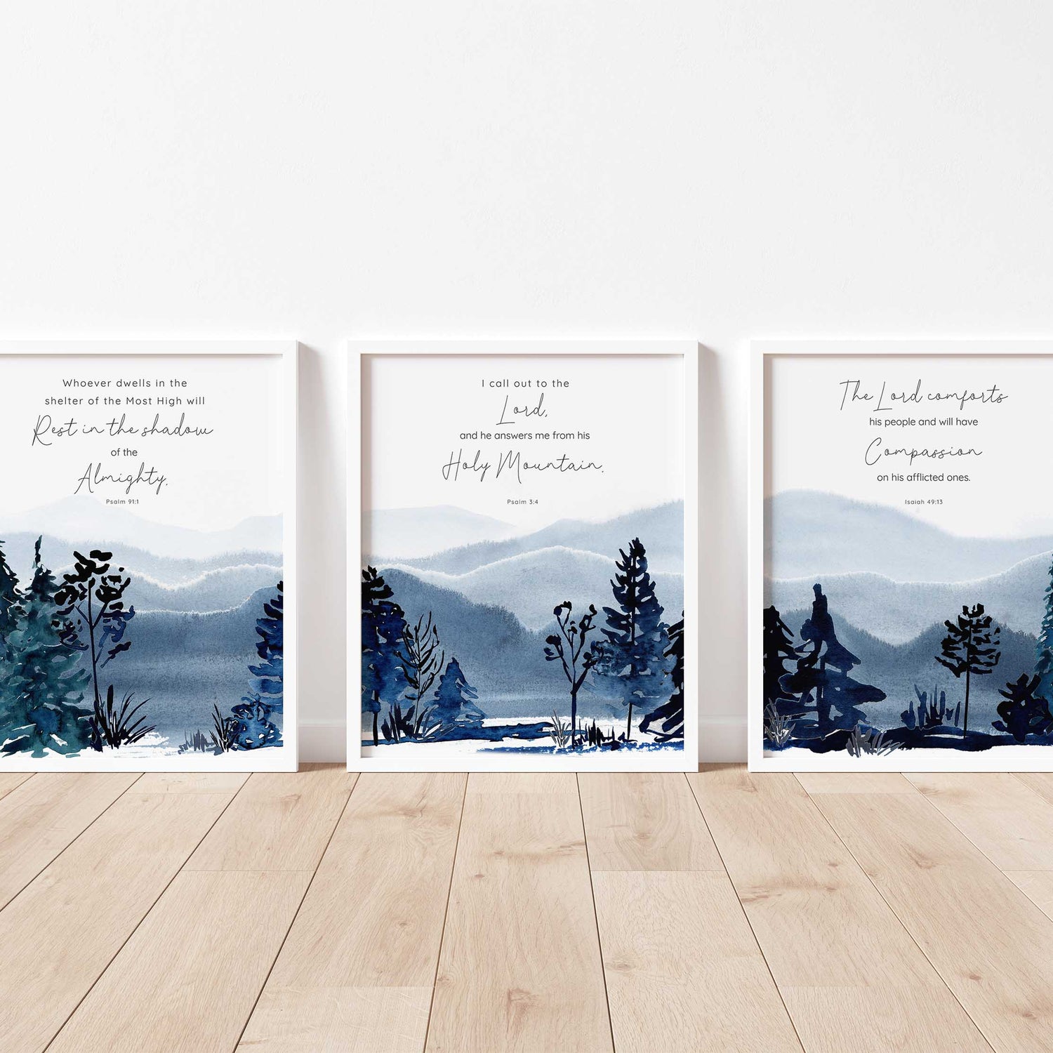 Tranquility-inducing scripture prints set, Inspirational scripture decor with mountain vistas, Encouraging scripture prints