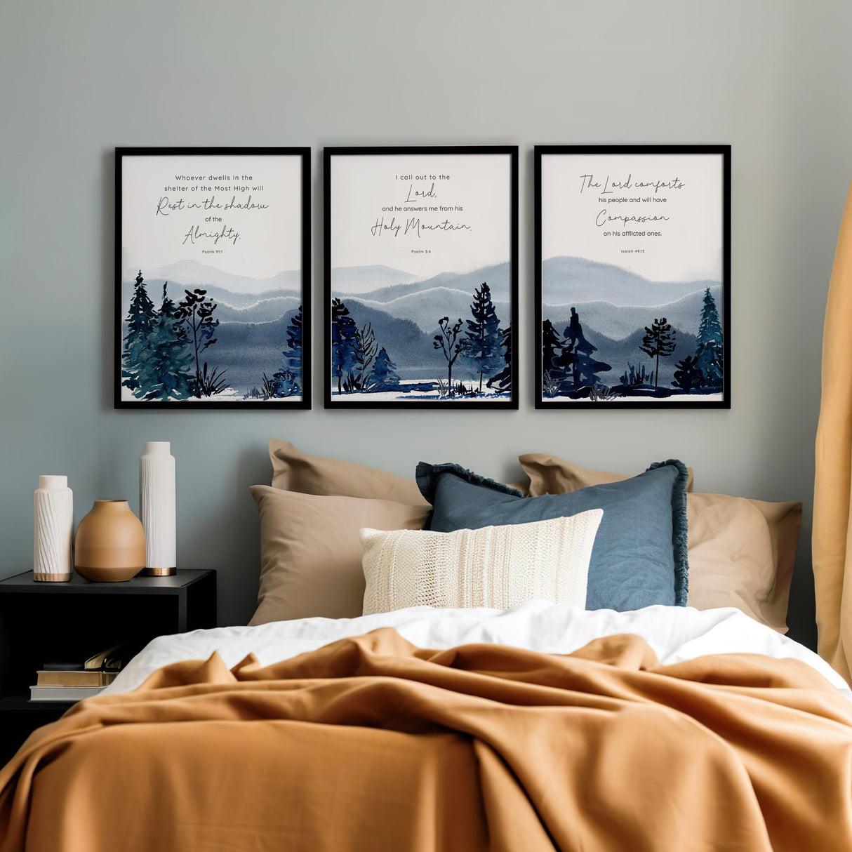 Psalm 91:1, Psalm 3:4, Isaiah 49:13 – Christian mountain wall art set with calming scenery and Bible verses about refuge, prayer and comfort.