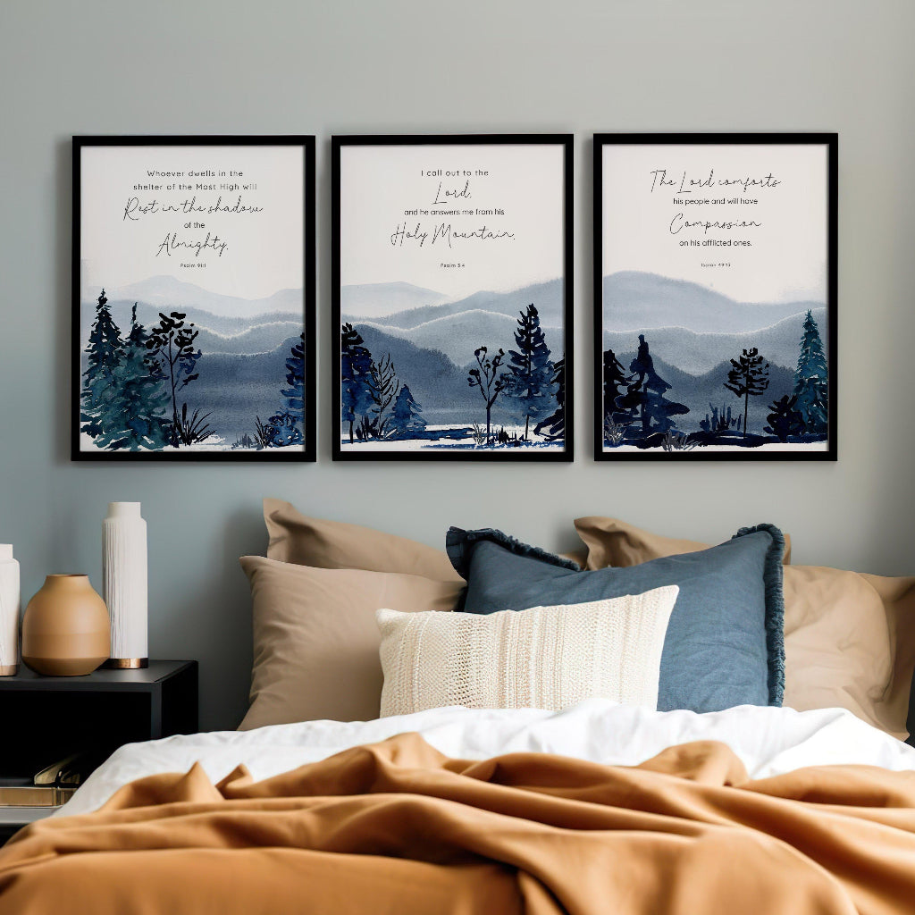 Psalm 91:1, Psalm 3:4, Isaiah 49:13 – Christian mountain wall art set with calming scenery and Bible verses about refuge, prayer and comfort.