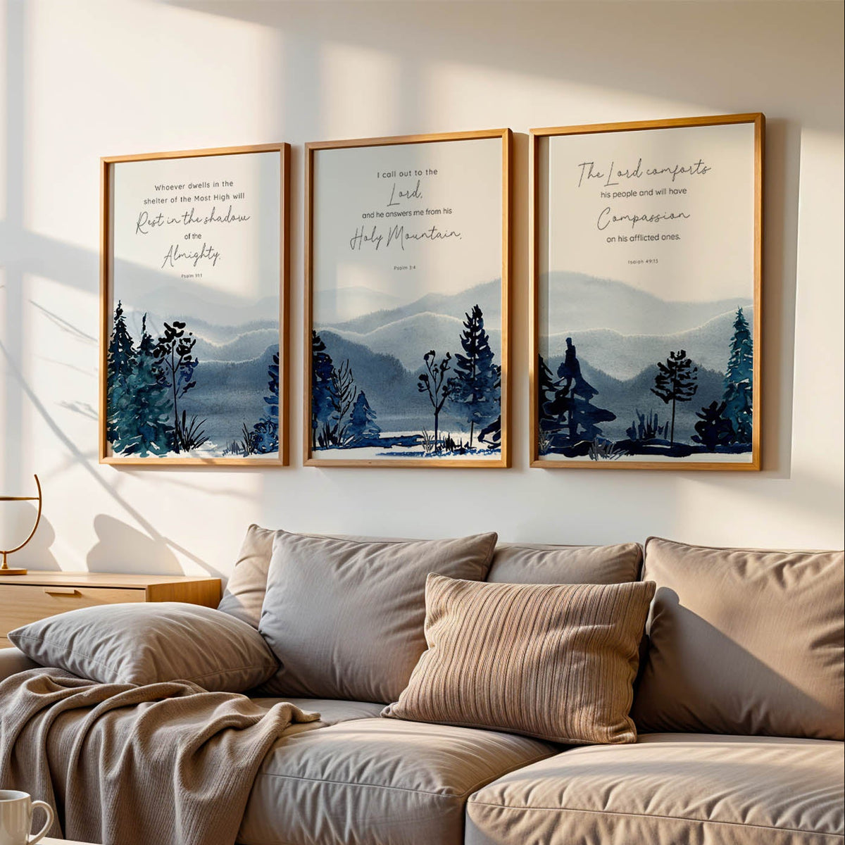 Psalm 91:1, Psalm 3:4, Isaiah 49:13 – Christian wall art 3 print set with blue watercolour mountains and comforting Bible verses.