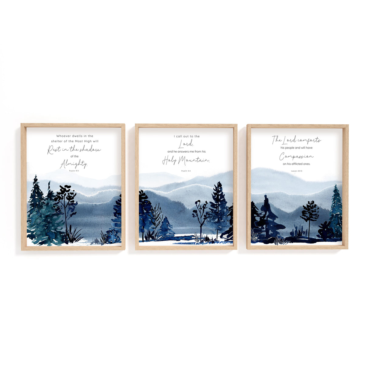 Psalm 91:1, Psalm 3:4, Isaiah 49:13 – Bible verse wall art set featuring serene mountain landscapes and scripture about comfort and trust.