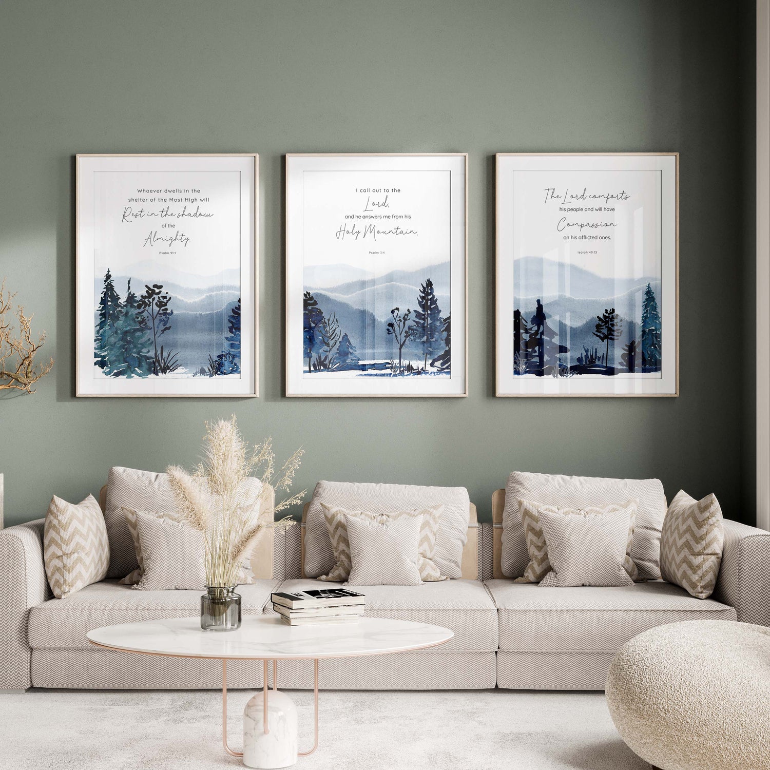 Mountain-themed scripture wall decor, Faith-inspired watercolour prints collection, Calming scripture verse art prints
