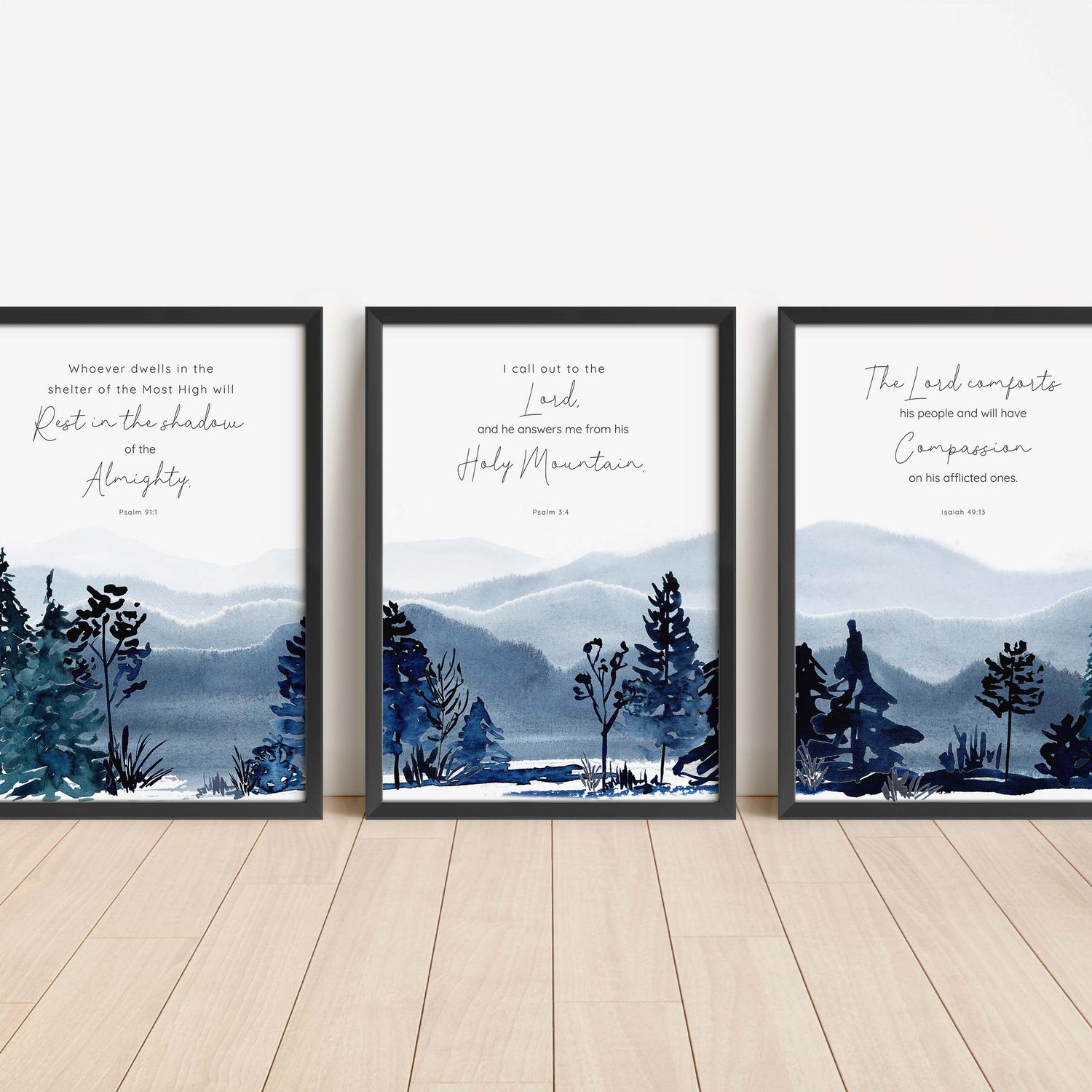 Psalm and Isaiah verse wall art set, Mountaintop scripture prints for meditation, Bible verse artwork for spiritual reflection