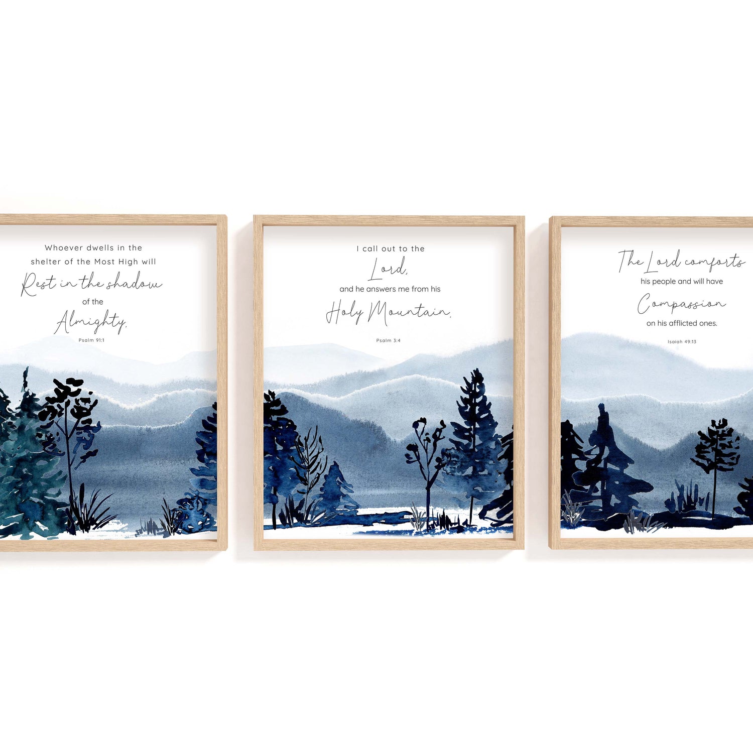 Mountain Christian Wall Art Comforting Scripture Print 3 Piece Set, mountain bible verse print set of 3 faith gift ideas