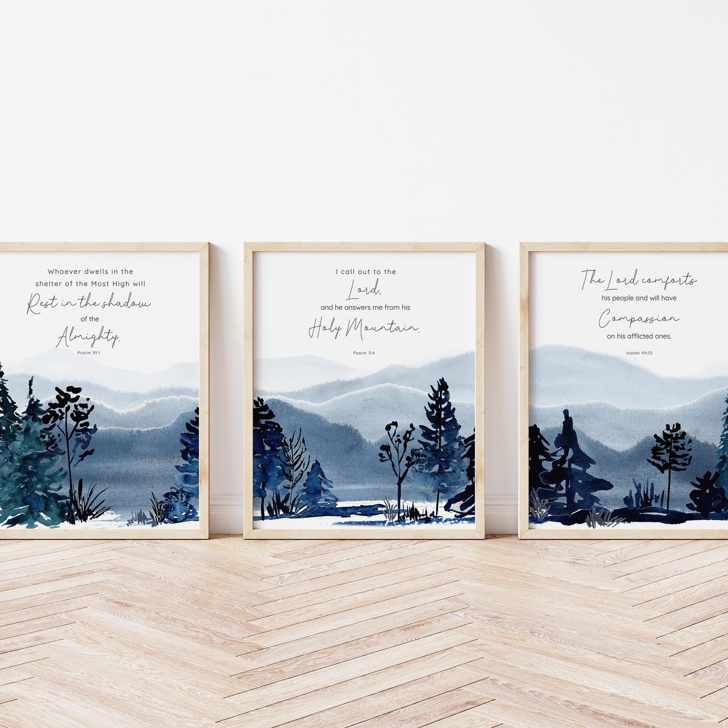 Mountain Bible Verse Print Set of 3, Comforting Scripture Wall Art, Tranquil blue mountain scripture prints, bible verses