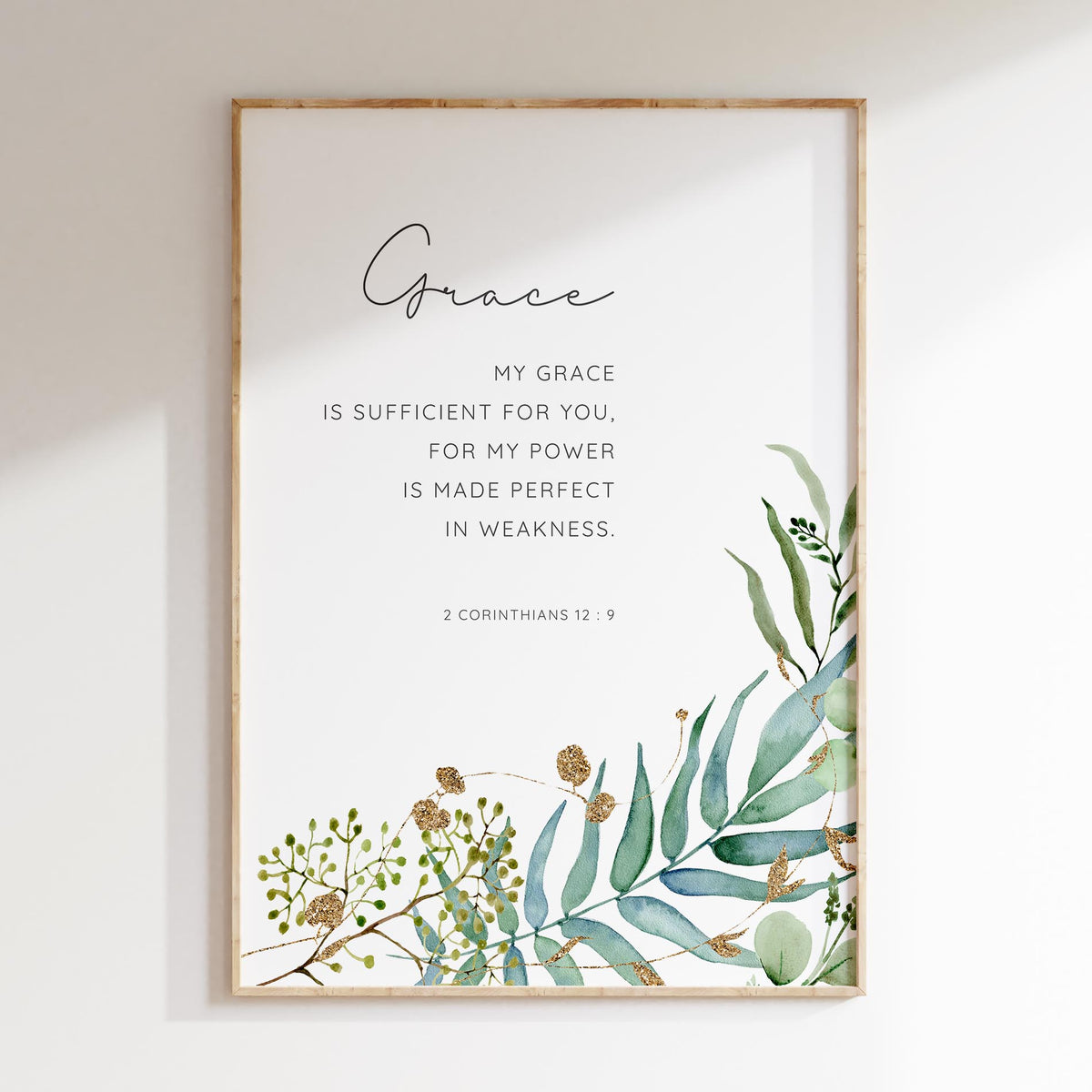 2 Corinthians 12:9 - My grace is sufficient Christian wall art with green leaf botanical design, Bible verse faith decor.