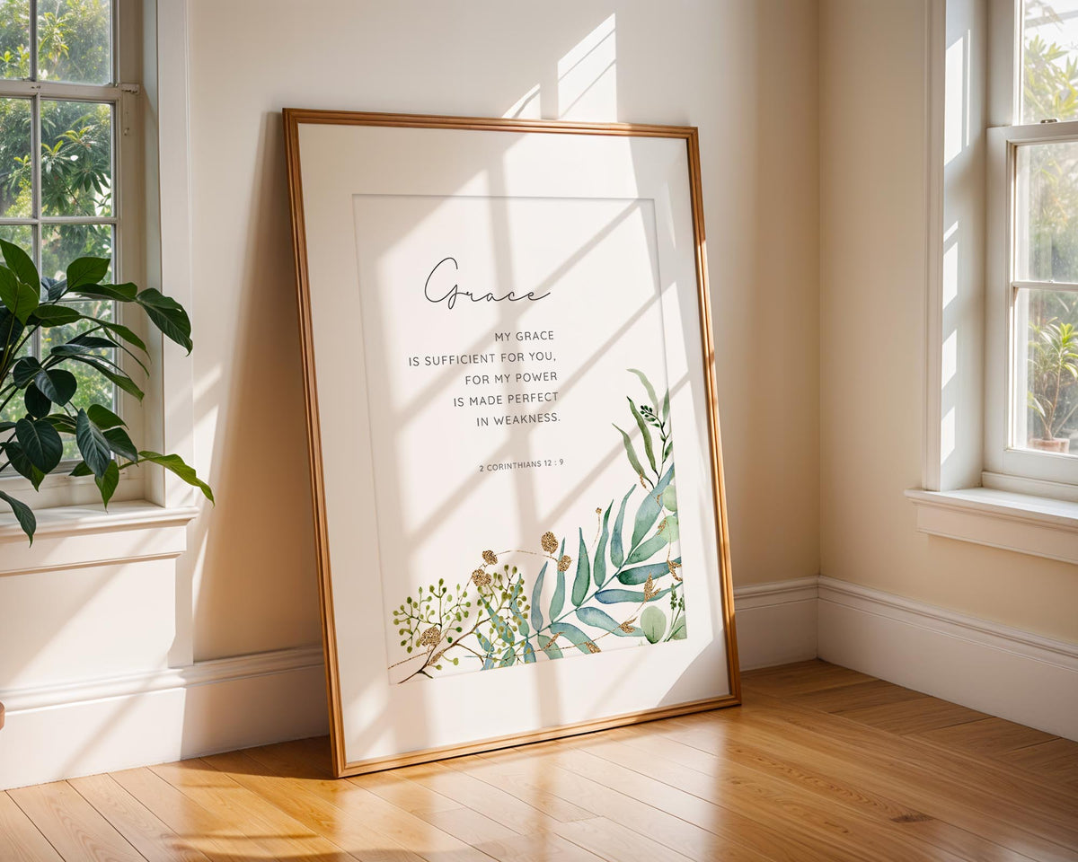 2 Corinthians 12:9 - My grace is sufficient Bible verse wall art featuring delicate green botanical leaves, encouraging Christian decor.