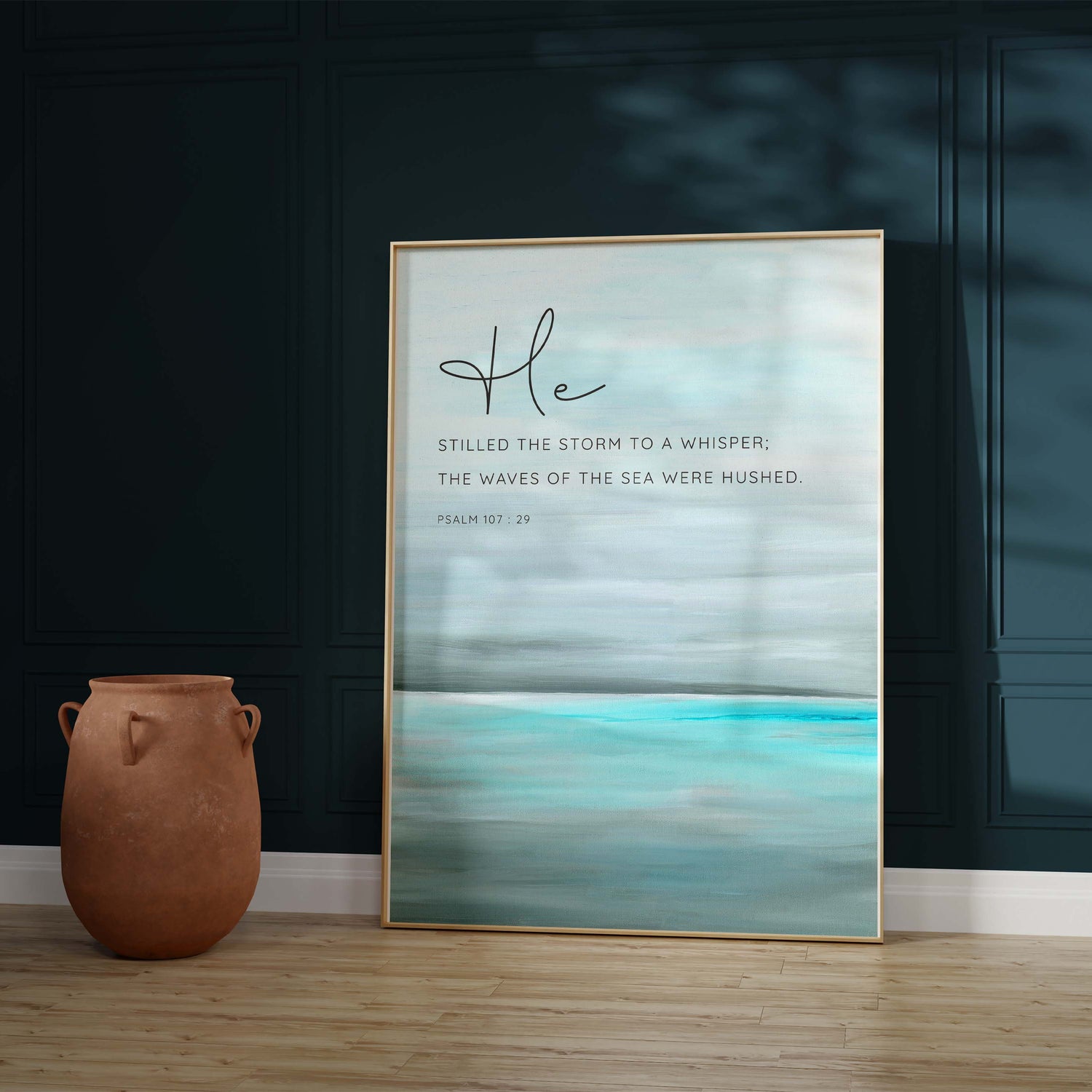 Bible quote print for calming spaces, Inspirational Psalm 107:29 wall decor, Coastal-themed scripture artwork