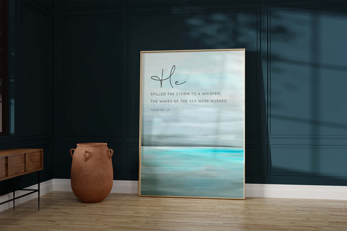 Bible quote print for calming spaces, Inspirational Psalm 107:29 wall decor, Coastal-themed scripture artwork