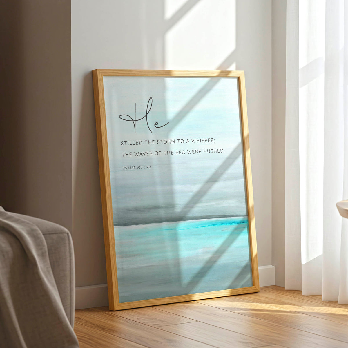 Psalm 107:29 - Abstract seascape bible quote art with turquoise ocean, grey sky and He stilled the storm scripture for coastal decor.