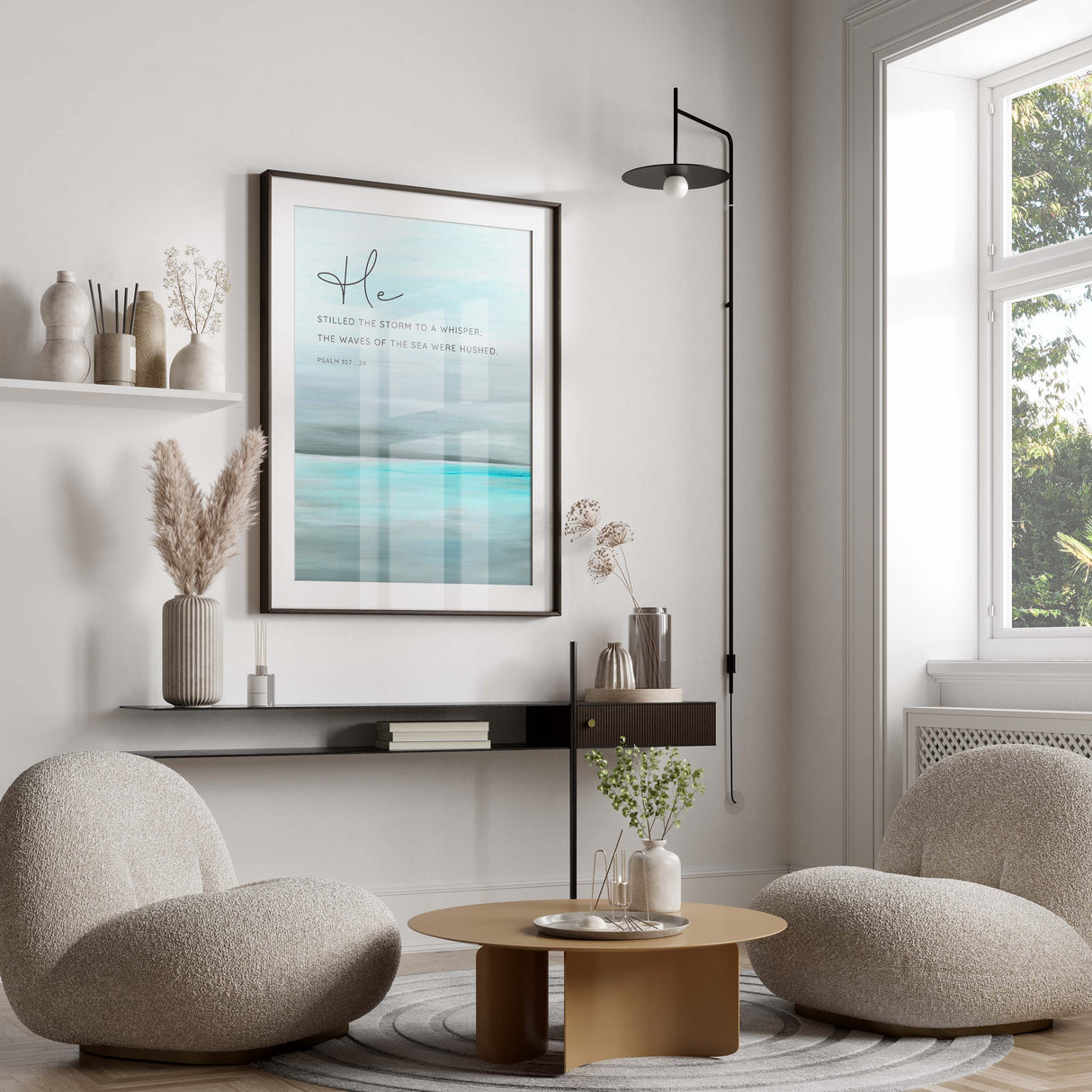 Serene turquoise wall art with scripture, Grey seascape decor with Psalm verse, Tranquil ocean-themed verse print