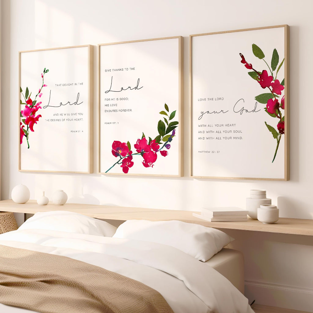 1 Peter 5:7 - Christian wall art featuring give thanks scripture with soft pink orchid flowers, Bible verse print for peaceful home decor.
