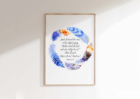 Here I am Send Me Christian Wall Art Print, Isaiah 6 Scripture Poster, Watercolour feather wreath print, Spiritual decor