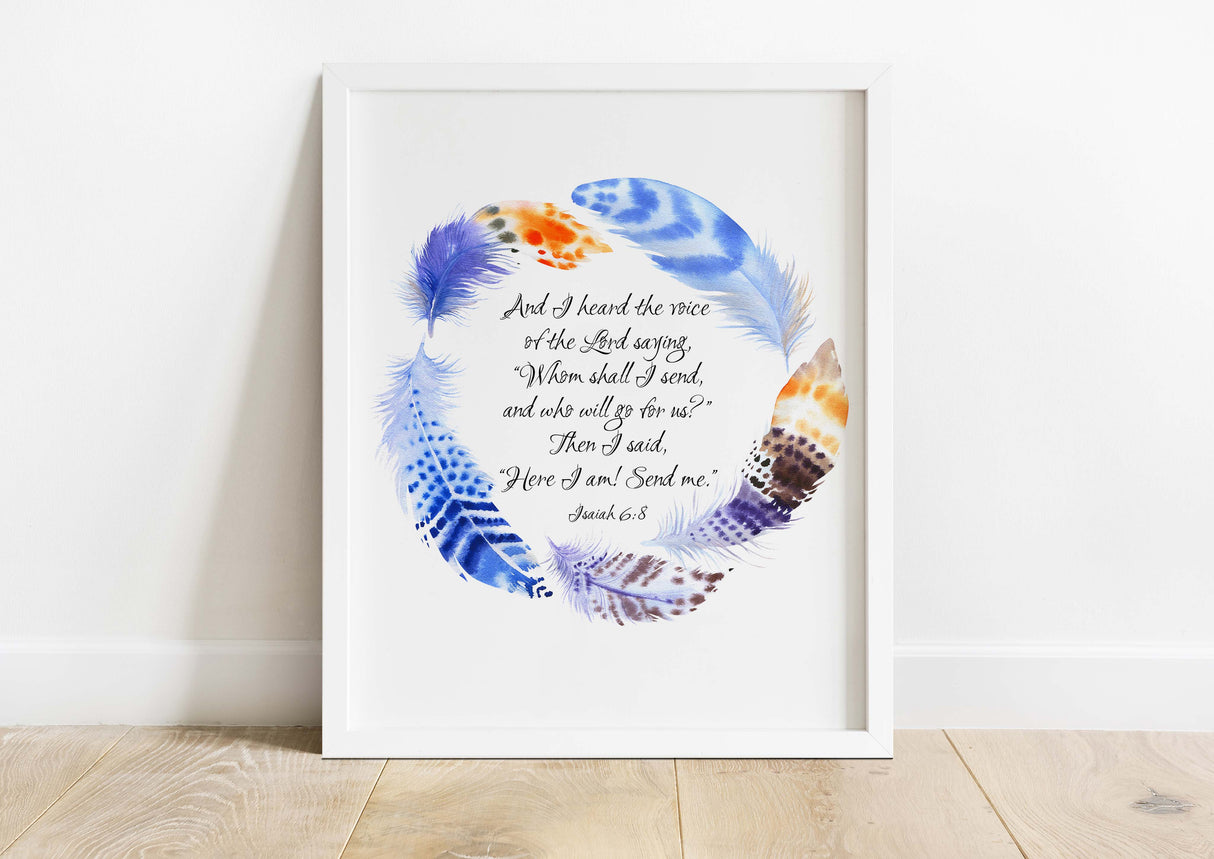 Isaiah 6:8 verse artwork, Inspirational Bible verse decor, Christian wall art feathers, Spiritual home decor print