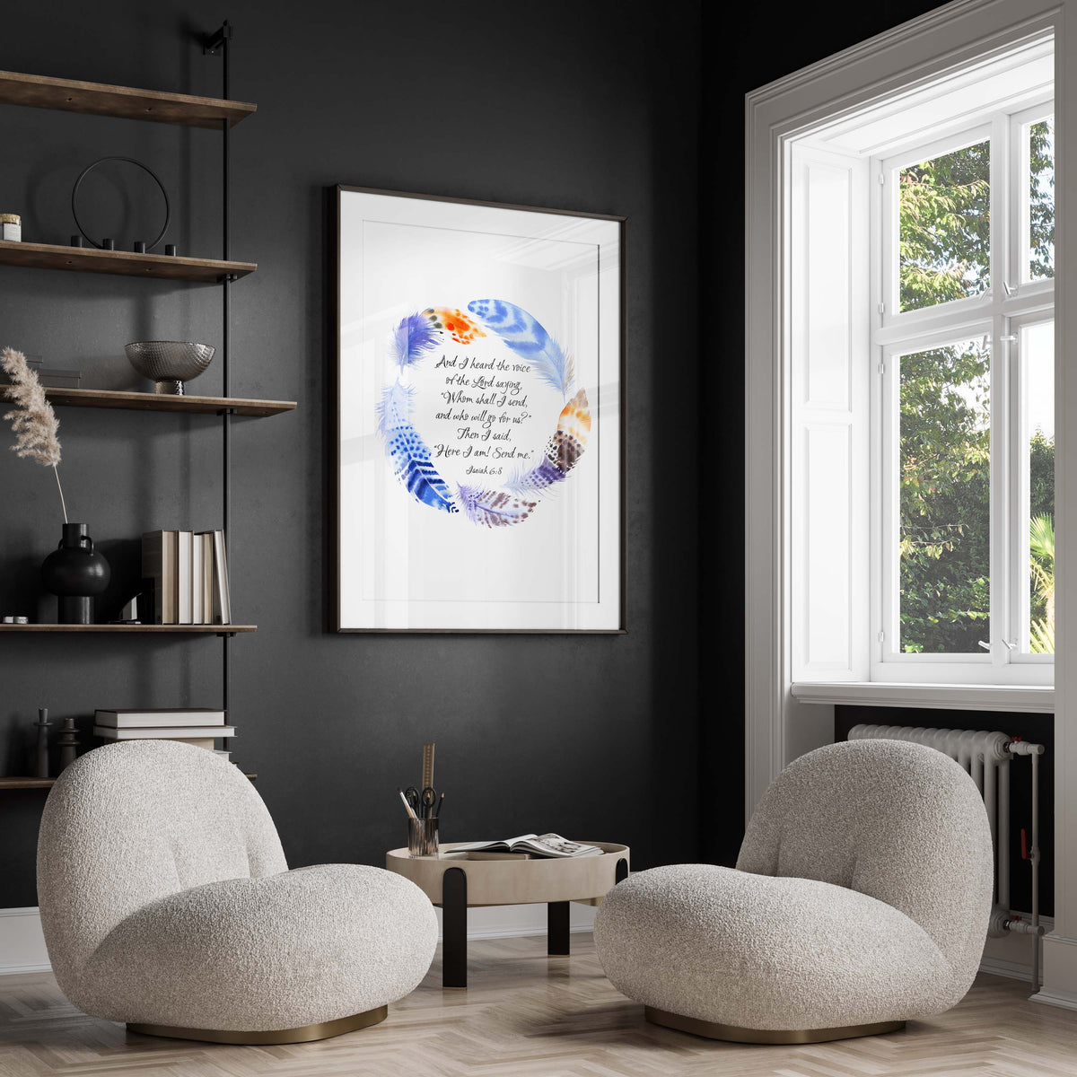 Isaiah 6:8 verse artwork, Inspirational Bible verse decor, Christian wall art feathers, Spiritual home decor print