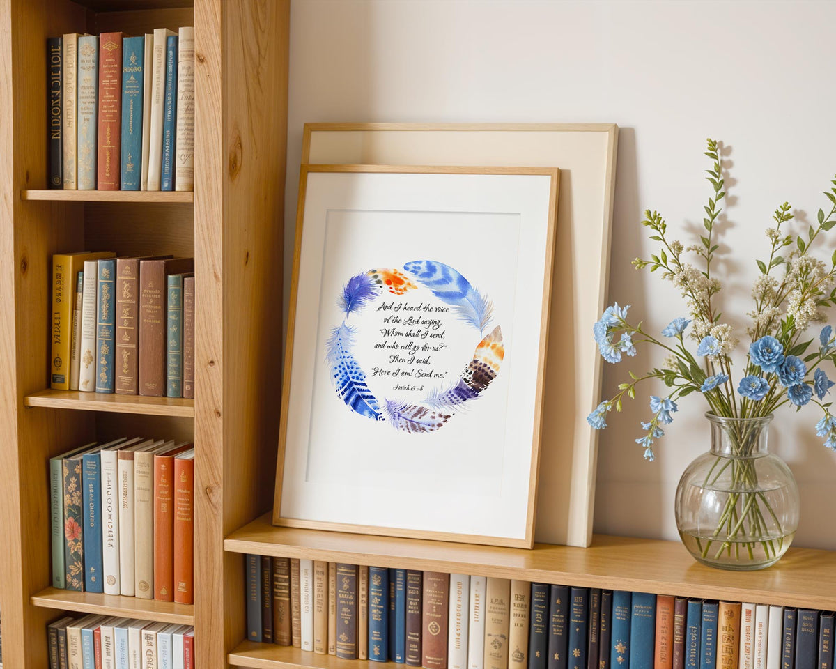 Isaiah 6:8 - Inspirational Bible verse wall art featuring Here I Am Send Me scripture with vibrant feather wreath Christian home decor.