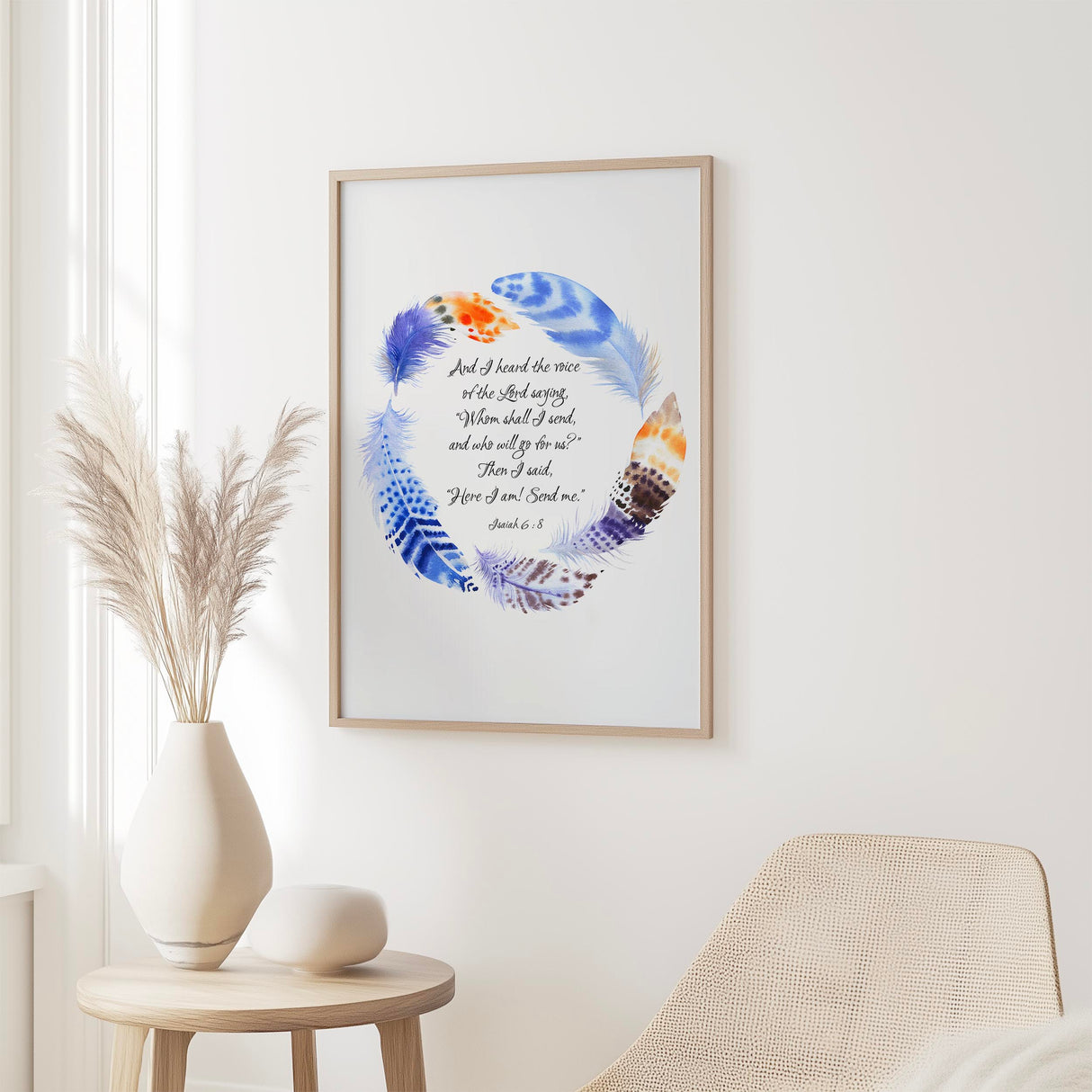 Isaiah 6:8 - Here I Am Send Me Bible verse print with colourful watercolour feather wreath Christian encouragement wall art.