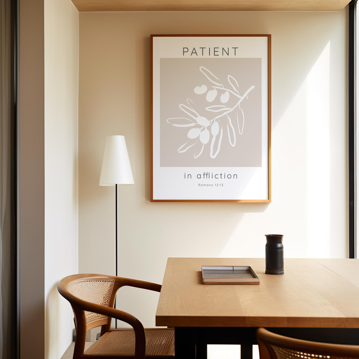 Romans 12:12 - Christian wall art print featuring white olives on a branch against neutral beige background with Patient in affliction Bible verse.