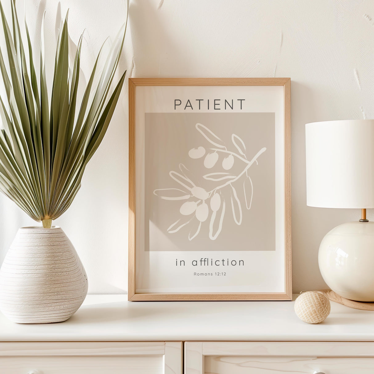 Romans 12:12 - Inspirational Christian wall art showing olive branch artwork with scripture about patience, faith and perseverance.