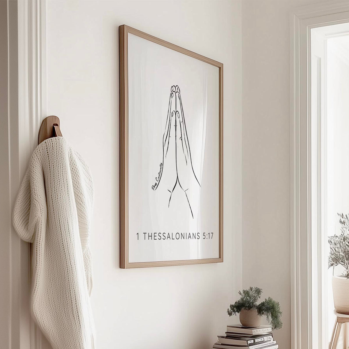 1 Thessalonians 5:17 – Christian wall art with line art praying hands and Bible verse encouraging continual prayer.