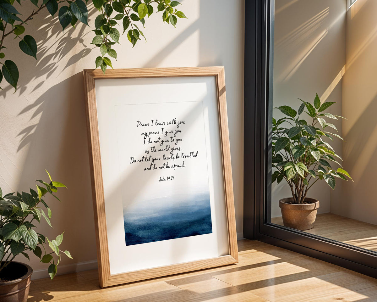John 14:27 – Bible verse wall art featuring blue indigo ocean and scripture decor.