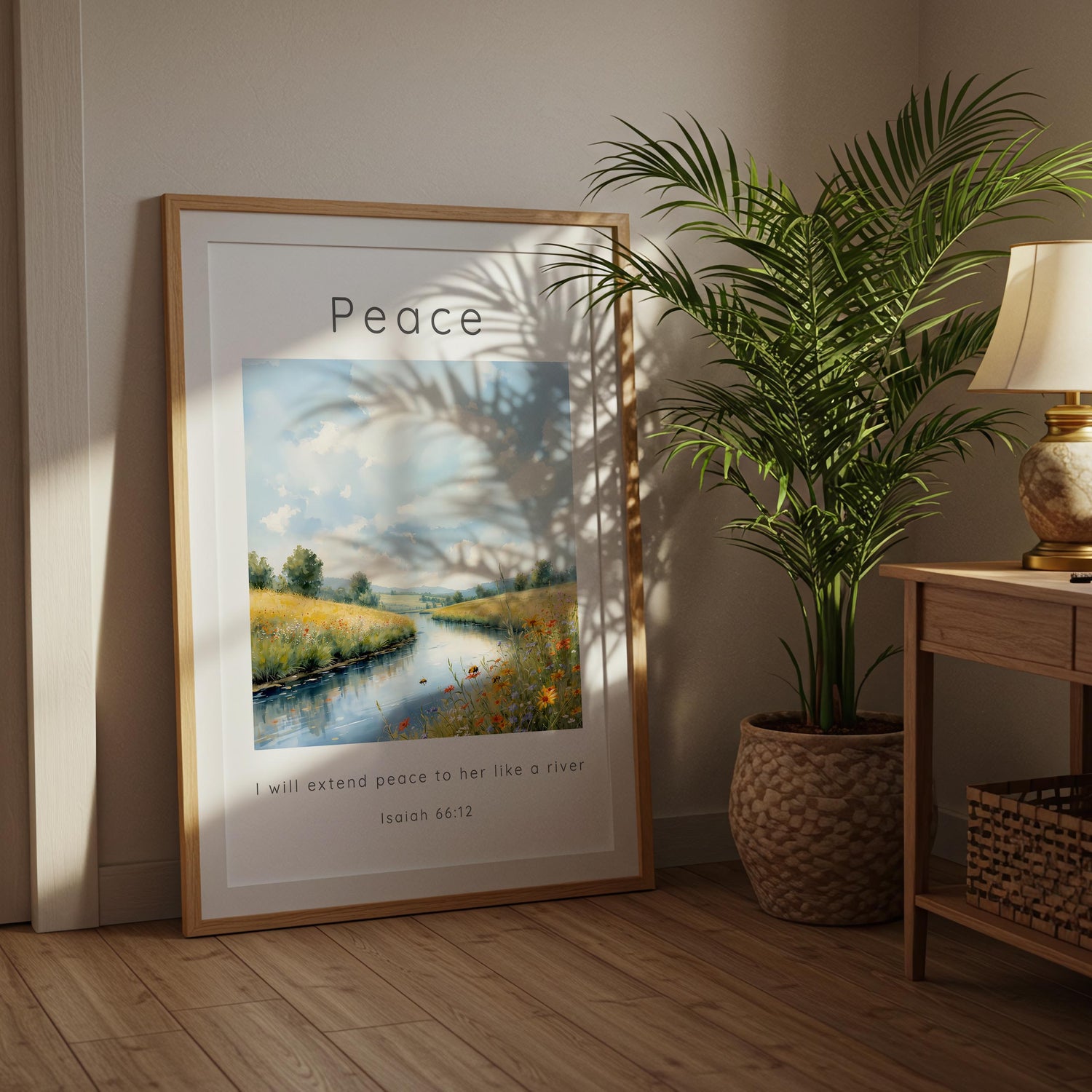 Isaiah 66:12 – Christian wall art featuring tranquil river and scripture verse.