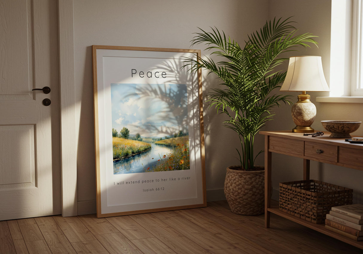 Isaiah 66:12 – Christian wall art featuring tranquil river and scripture verse.