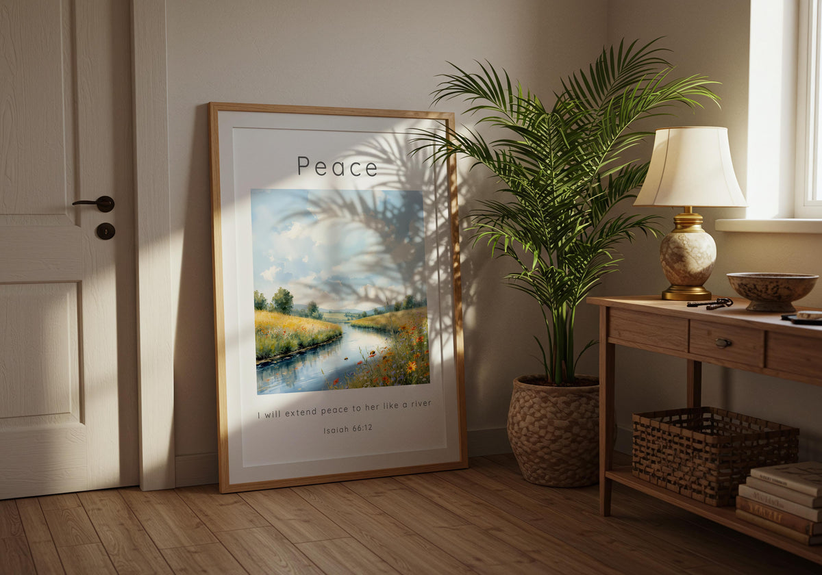 Isaiah 66:12 – Christian wall art featuring tranquil river and scripture verse.