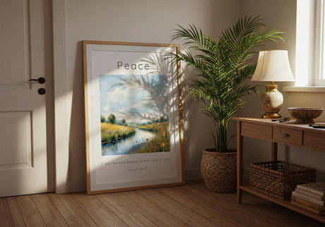 Isaiah 66:12 – Christian wall art featuring tranquil river and scripture verse.