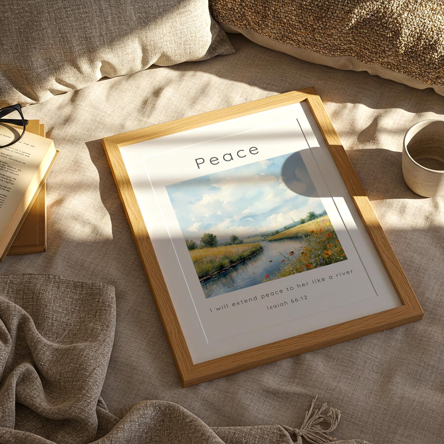 Isaiah 66:12 – Faith-based print with calm river and flowers inspired by God’s peace.