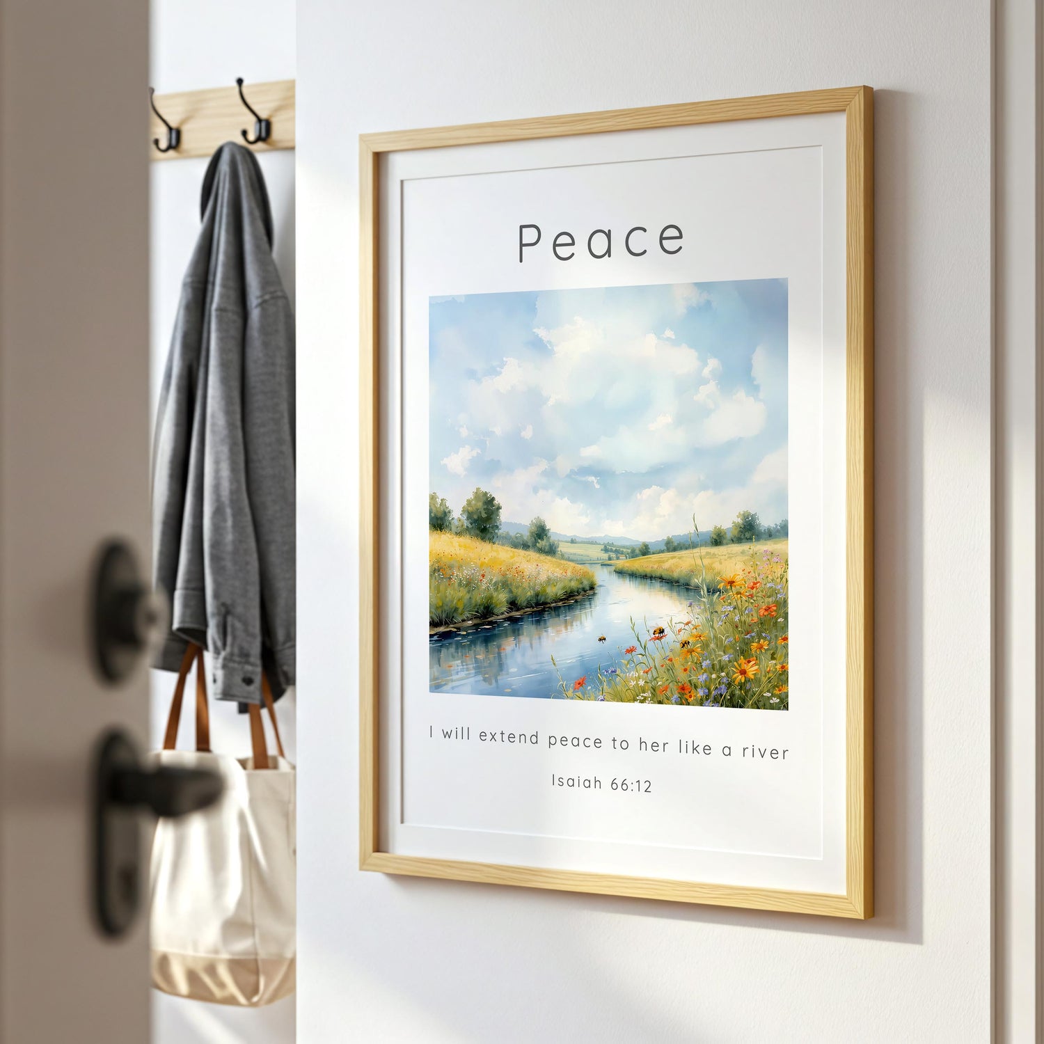 Isaiah 66:12 – Countryside river scene reflecting peace like a river Bible verse.