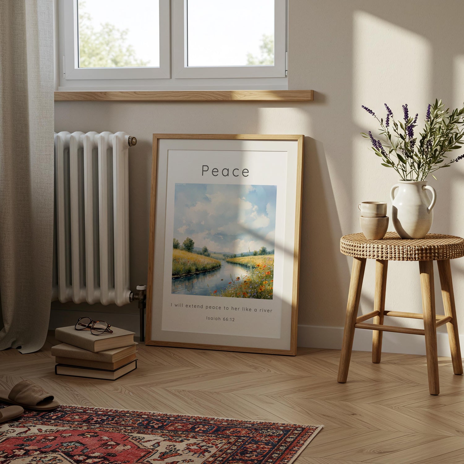 Isaiah 66:12 – Inspirational wall art showing river and bees in summer light.