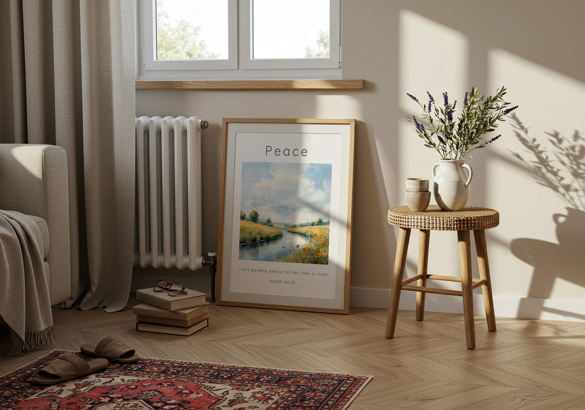 Isaiah 66:12 – Inspirational wall art showing river and bees in summer light.