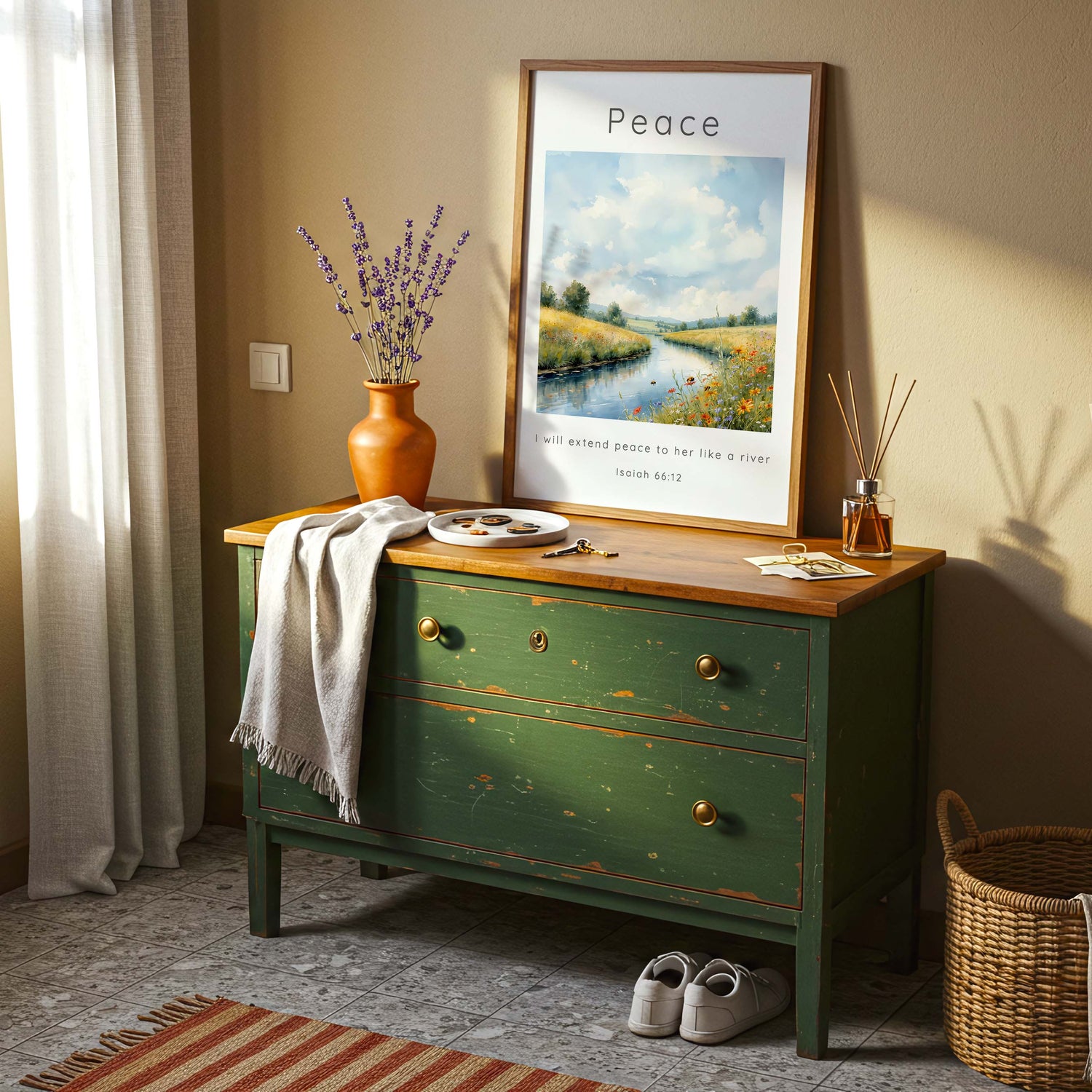 Isaiah 66:12 – Christian home print with gentle river and wildflowers.