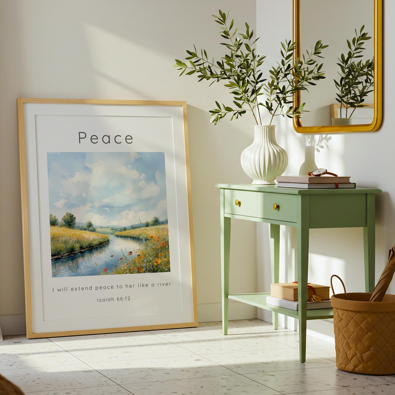 Isaiah 66:12 – Peaceful river landscape with Bible verse about God’s peace.