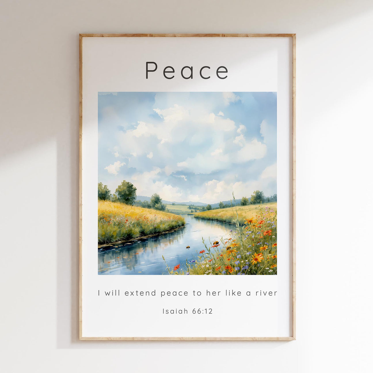Isaiah 66:12 – Peaceful countryside river with bees and wildflowers on the riverbank.