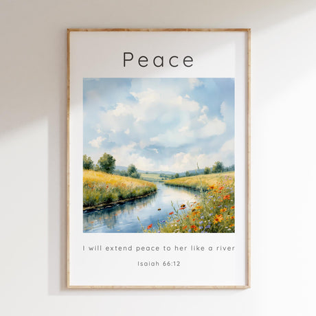 Isaiah 66:12 – Peaceful countryside river with bees and wildflowers on the riverbank.
