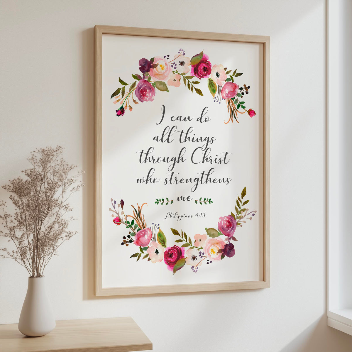Philippians 4:13 - I can do all things through Christ who strengthens me scripture print with elegant floral Christian wall decor.