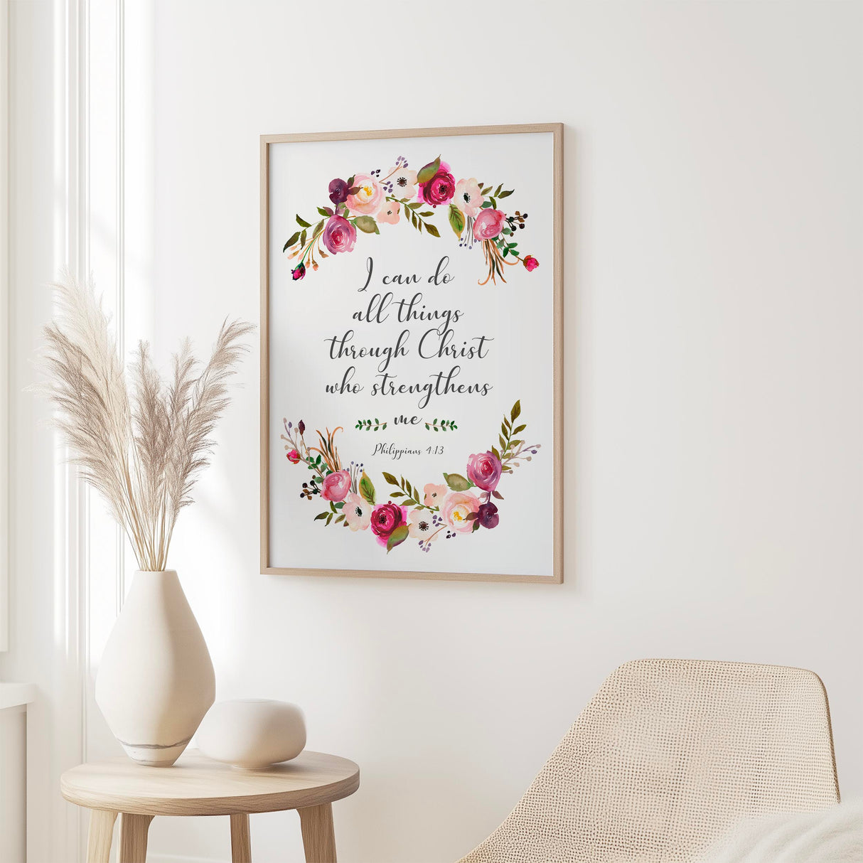 Philippians 4:13 - Christian Bible verse wall art featuring I can do all things through Christ text with soft floral border design.