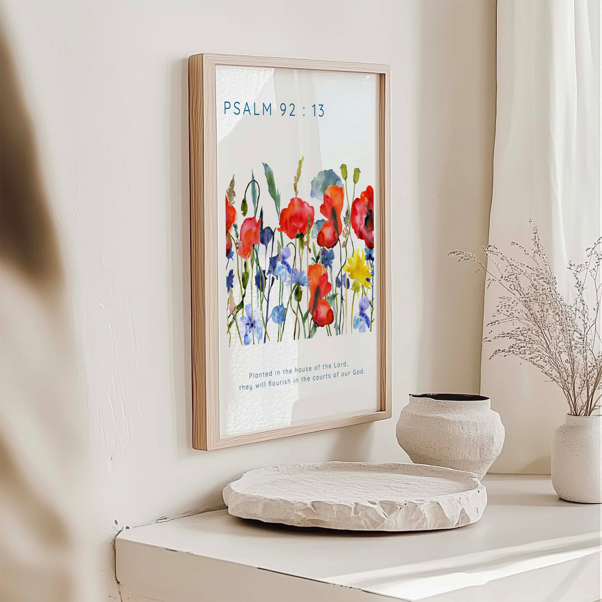 Psalm 92:13 - Planted in the house of the Lord Christian wall art print with poppy and cornflower meadow Bible verse decor.