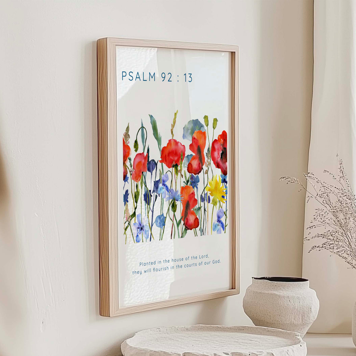 Psalm 92:13 - Planted in the house of the Lord Christian wall art print with poppy and cornflower meadow Bible verse decor.