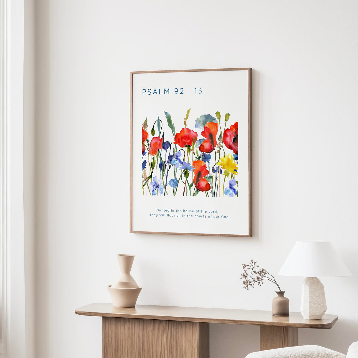 Psalm 92:13 - Bible verse wall art print featuring poppy and cornflower meadow design and uplifting Christian scripture.