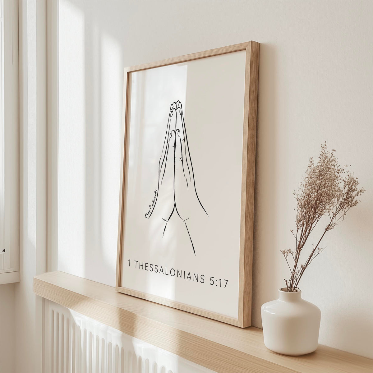 1 Thessalonians 5:17 – Bible verse wall art with elegant praying hands illustration and faith inspired scripture.