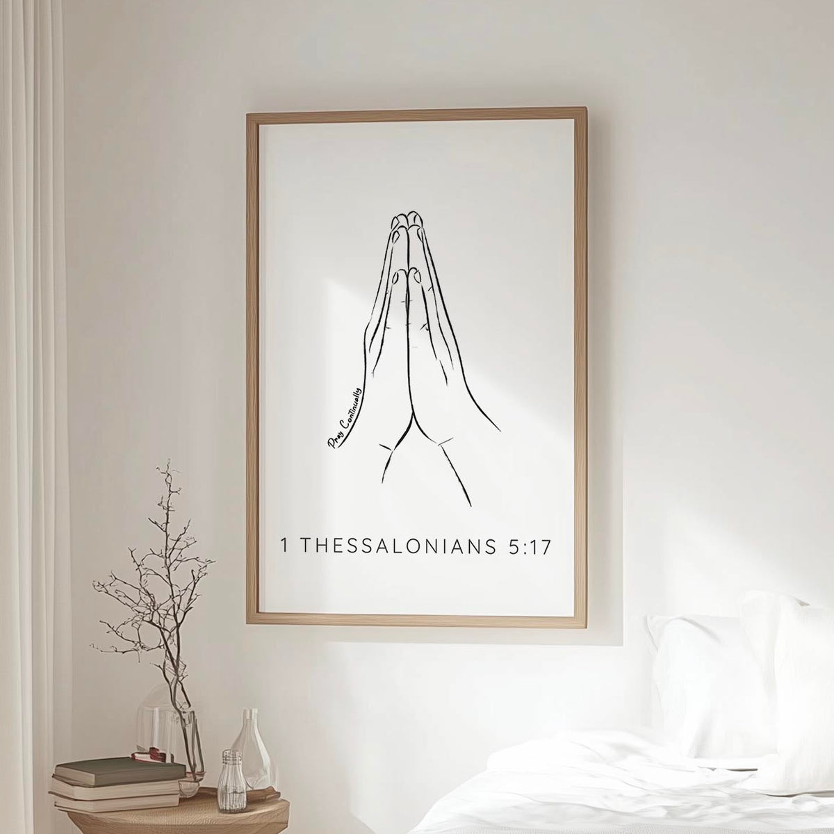 1 Thessalonians 5:17 – Minimalist Christian scripture print featuring praying hands line art and Pray Continually verse.
