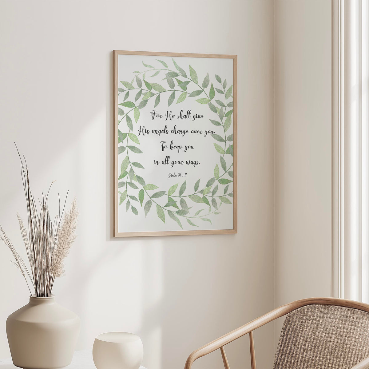 Christian scripture print featuring Psalm 91:11 surrounded by soft green foliage, faith inspired angel protection artwork.