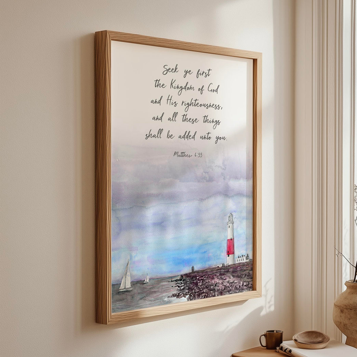 Matthew 6:33 - Seek ye first Christian Bible verse wall art with calming harbour seascape and lighthouse, inspirational faith decor.