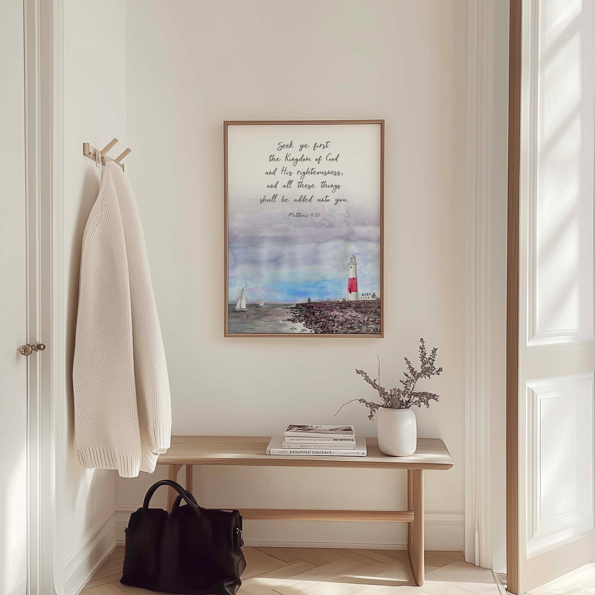 Matthew 6:33 - Seek ye first Christian wall art with watercolour harbour seascape, boat and lighthouse Bible verse faith decor.